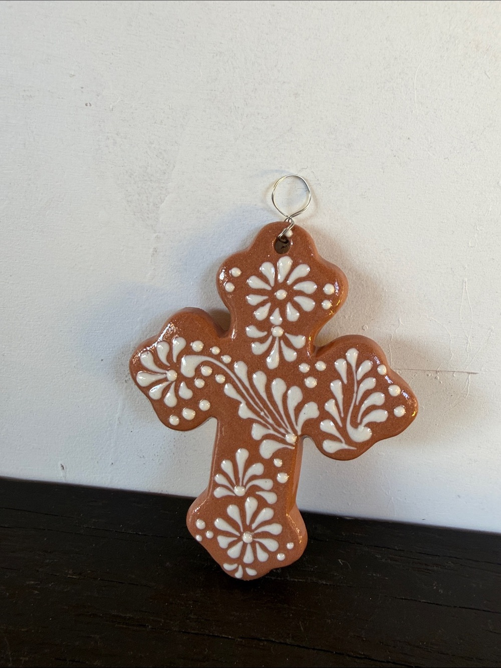 Hand-Painted Talavera Terracotta Cross Ornament with White Floral Design